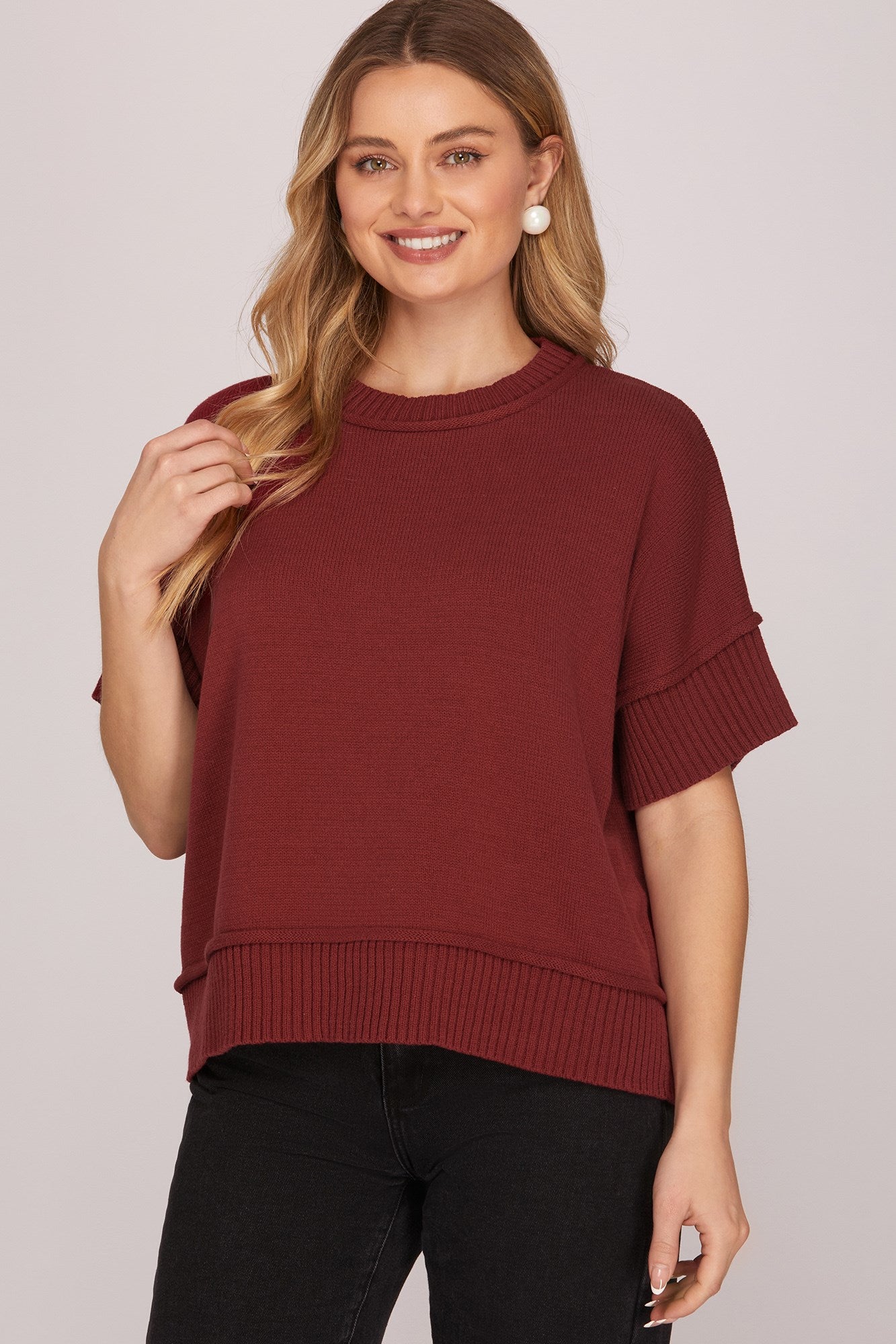 Drop Half Sleeve Crew Neck Sweater Top