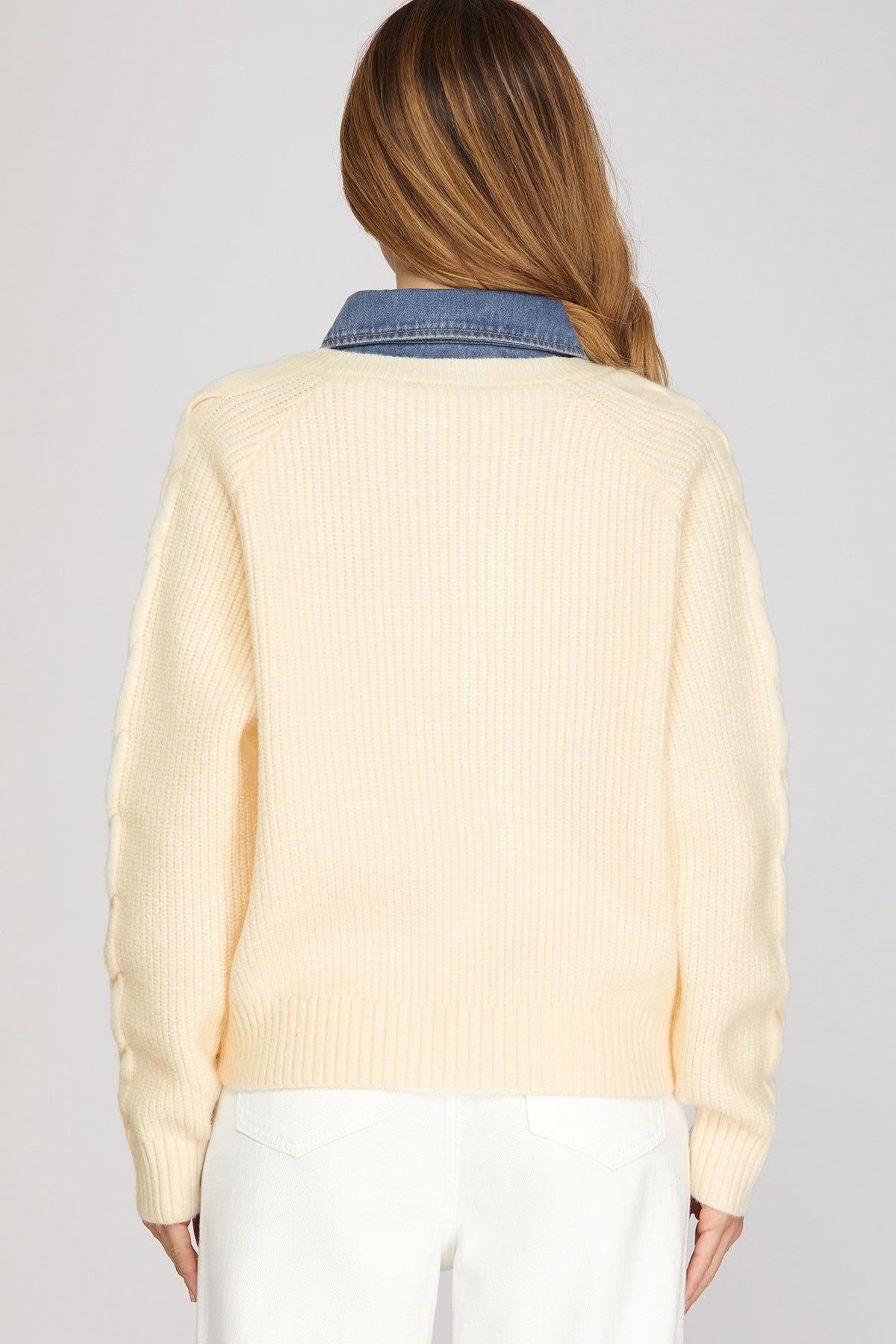 Long Sleeve Washed Denim Collared Sweater Top
