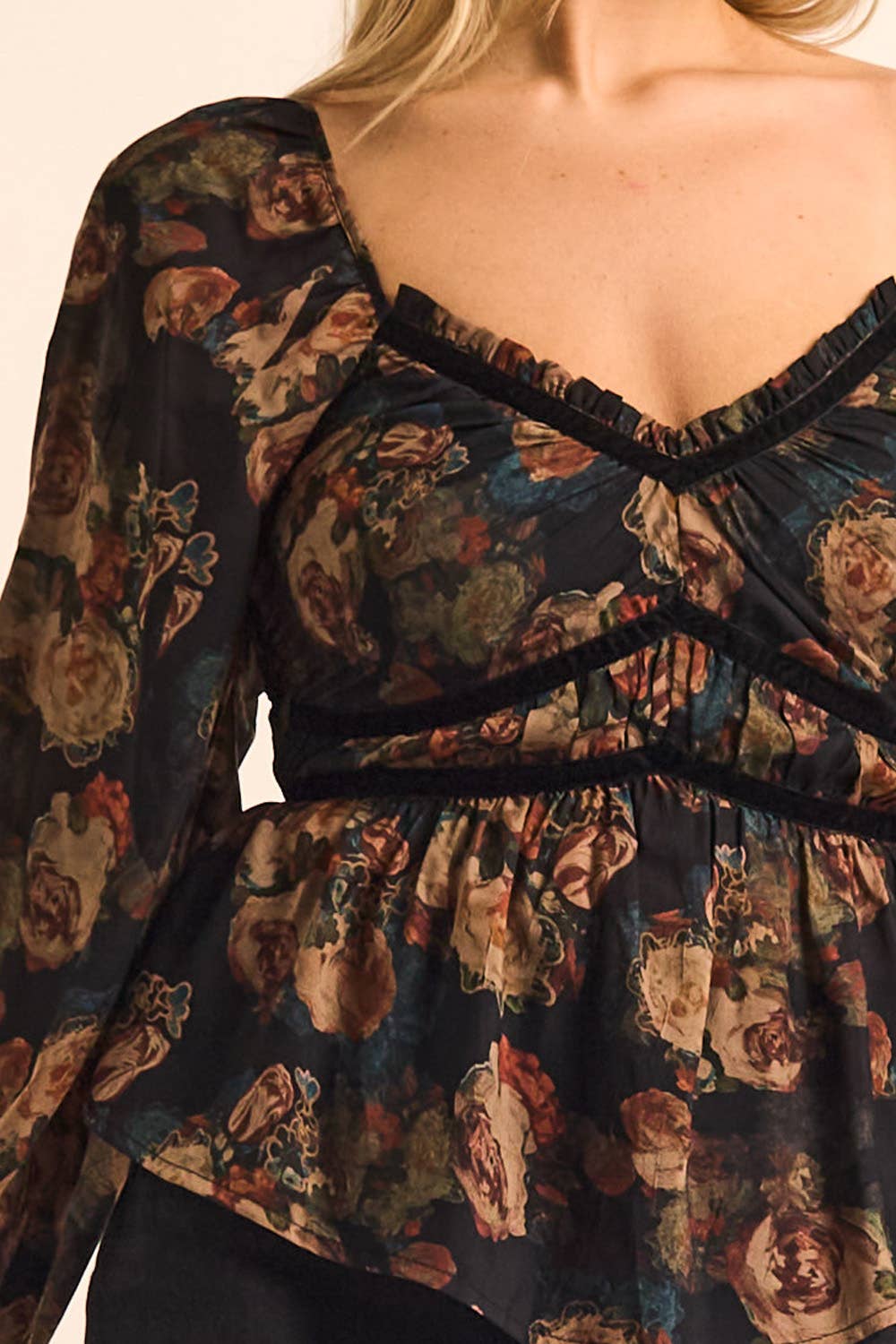 Floral-Print Velvet-Trim Babydoll Peasant Top