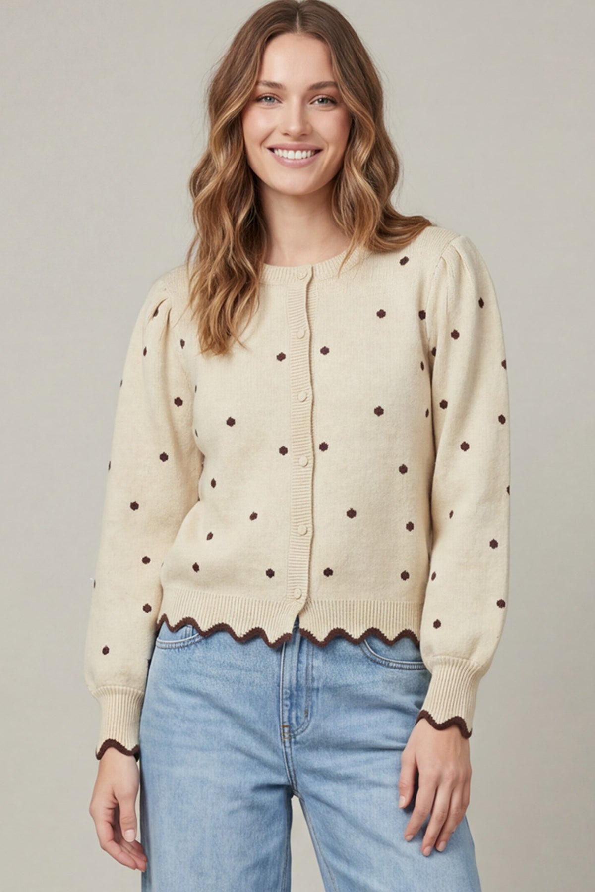 Lomg Sleeve Polka Dot Button Up Cardigan