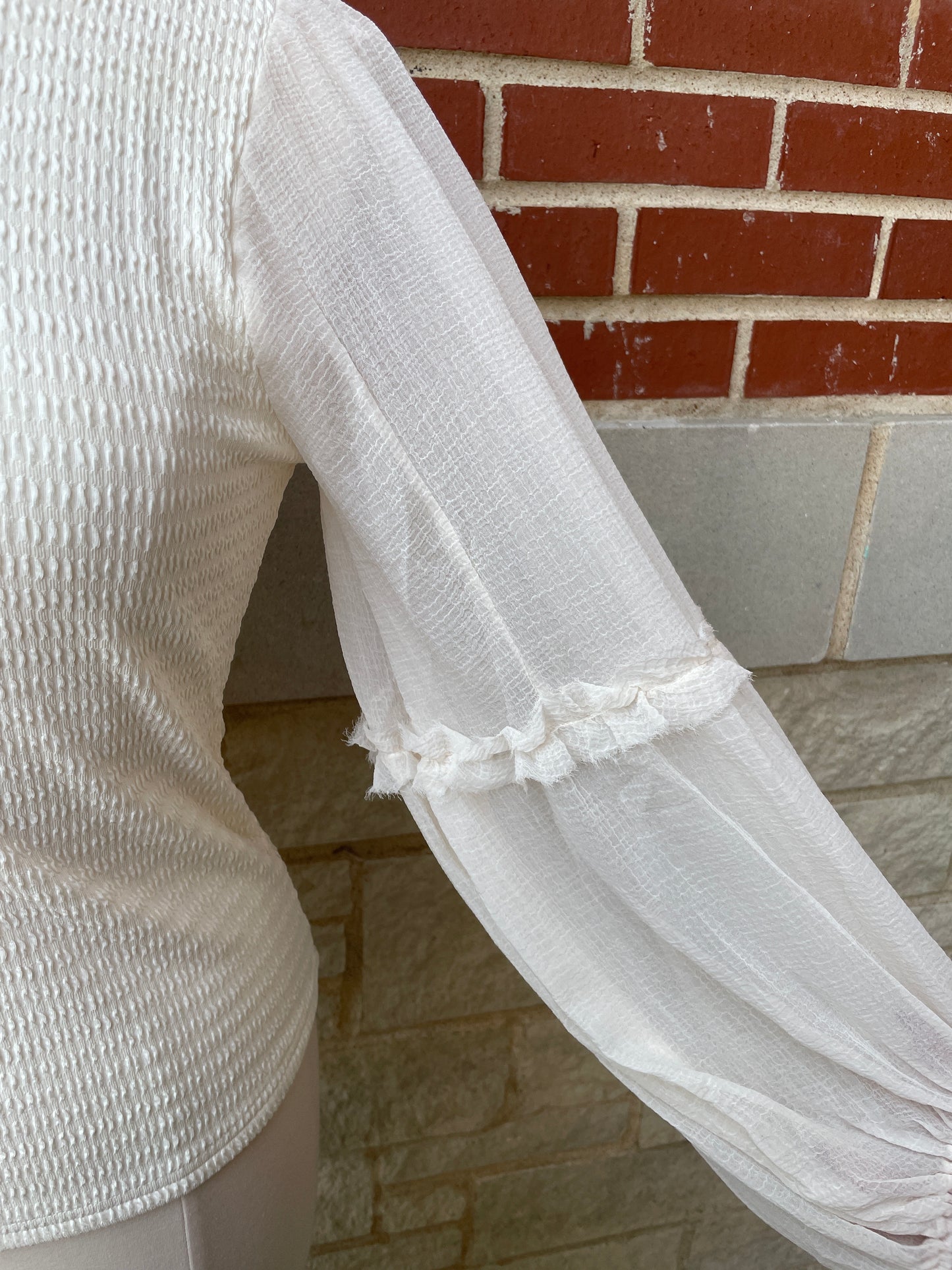 Mixed Media Textured Knit Chiffon Long Sleeve Top Mittoshop