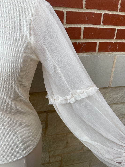 Mixed Media Textured Knit Chiffon Long Sleeve Top Mittoshop