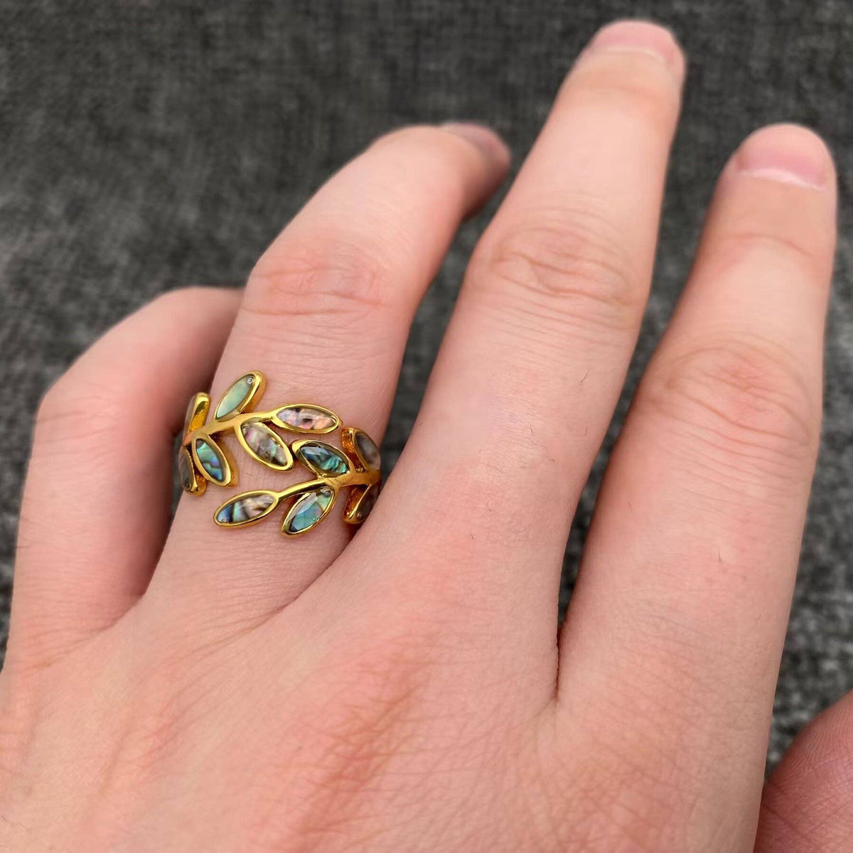 Abalone Shell Leaf Shape 18K Gold Plated S.Steel Ring - FGS