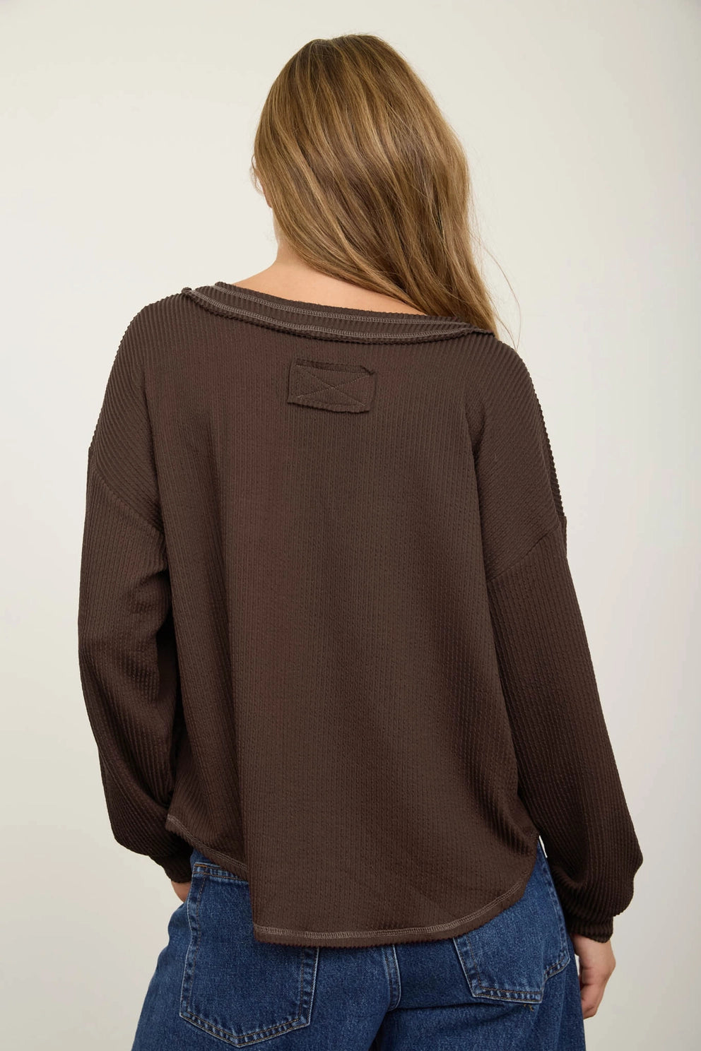 Raw Edge V-Neck Long Sleeve Top