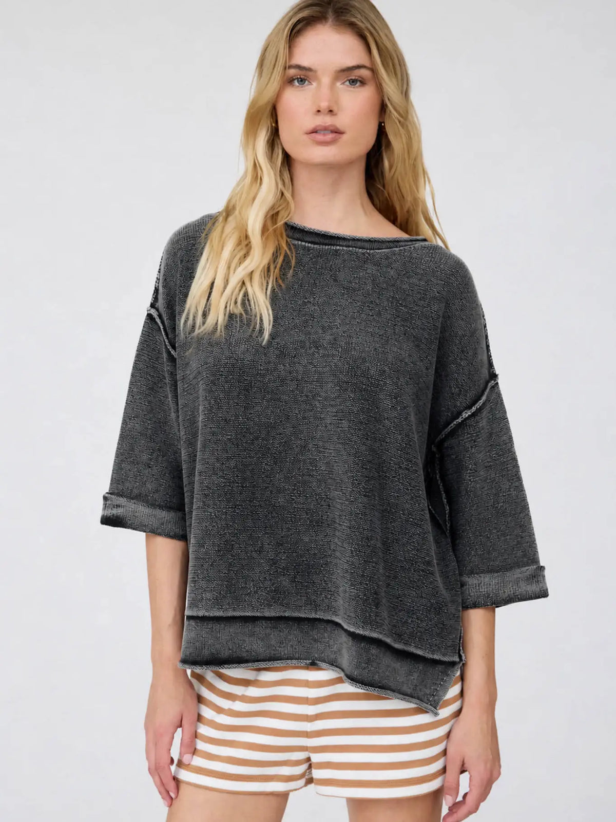 Washed Inverted Seam Short Sleeve Sweatshirt