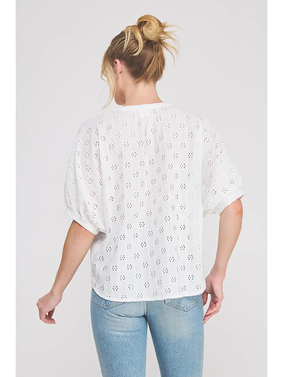 Knit Eyelet Split Mandarin Neck Blouse