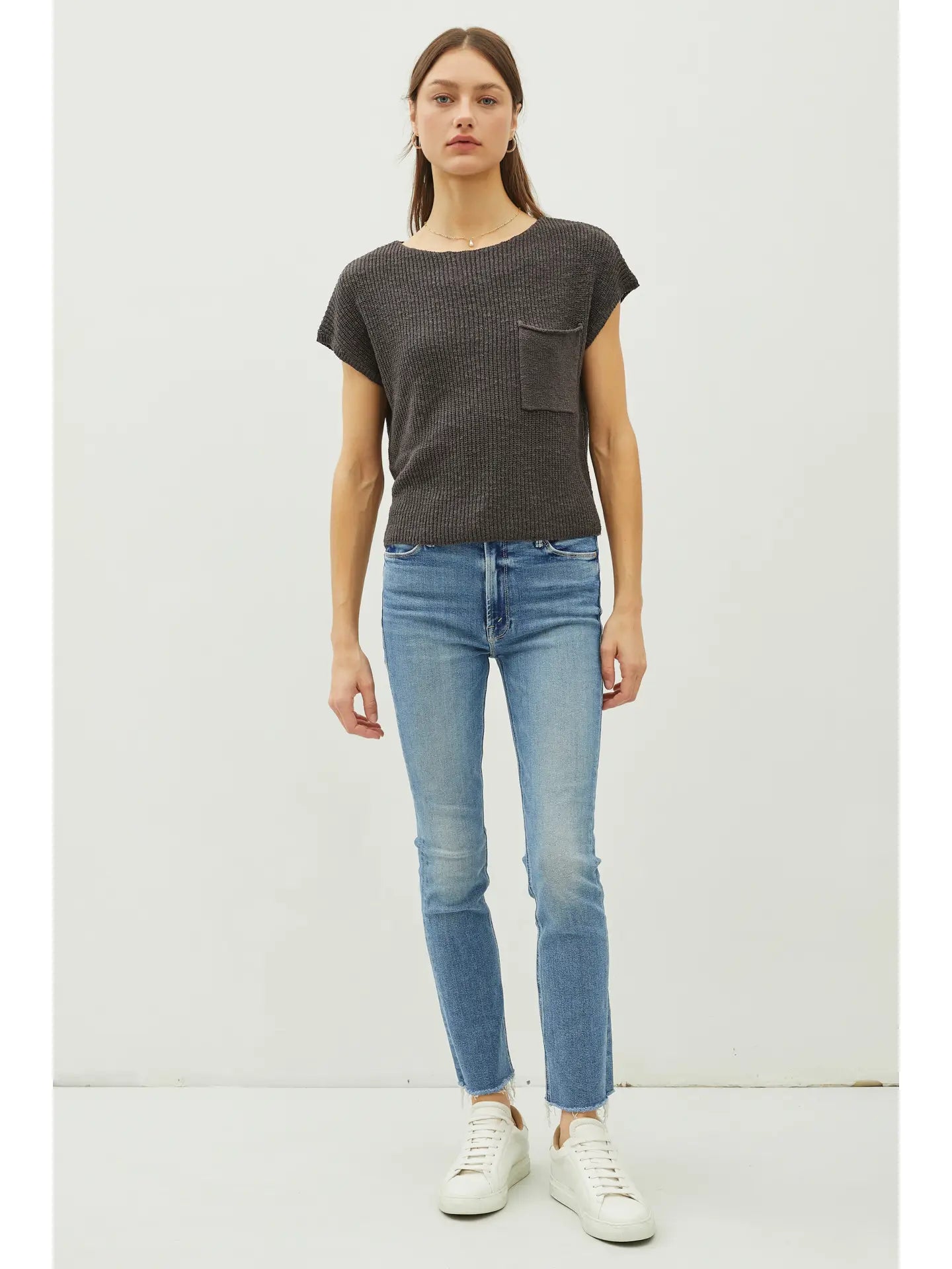 Patch Pocket Dolman Cap Sleeve Knit Top