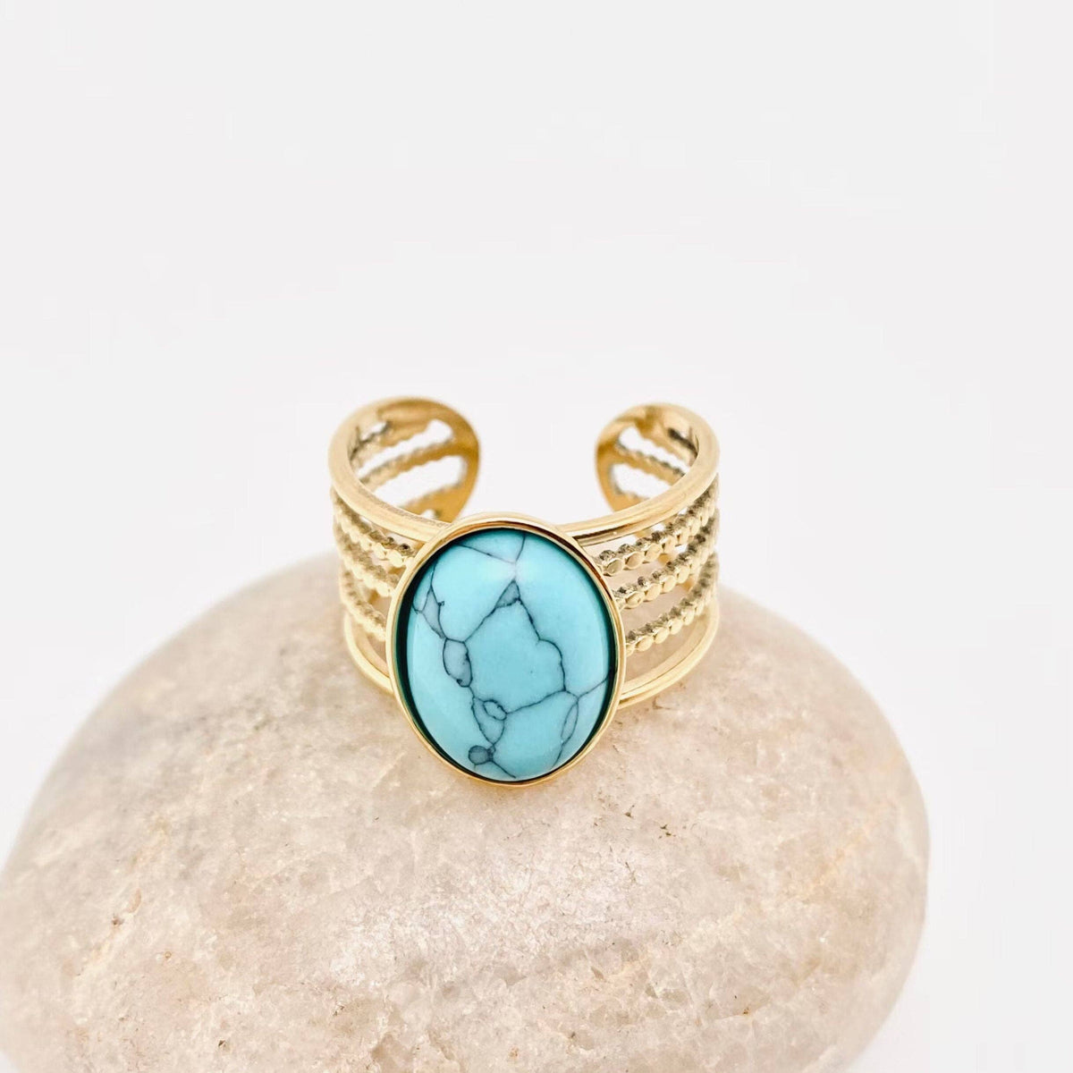 Vintage Stainless Steel Inlaid Natural Stone Rings - FGS/CS