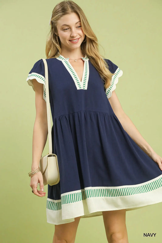 Linen Color Block Flutter Sleeve Dress