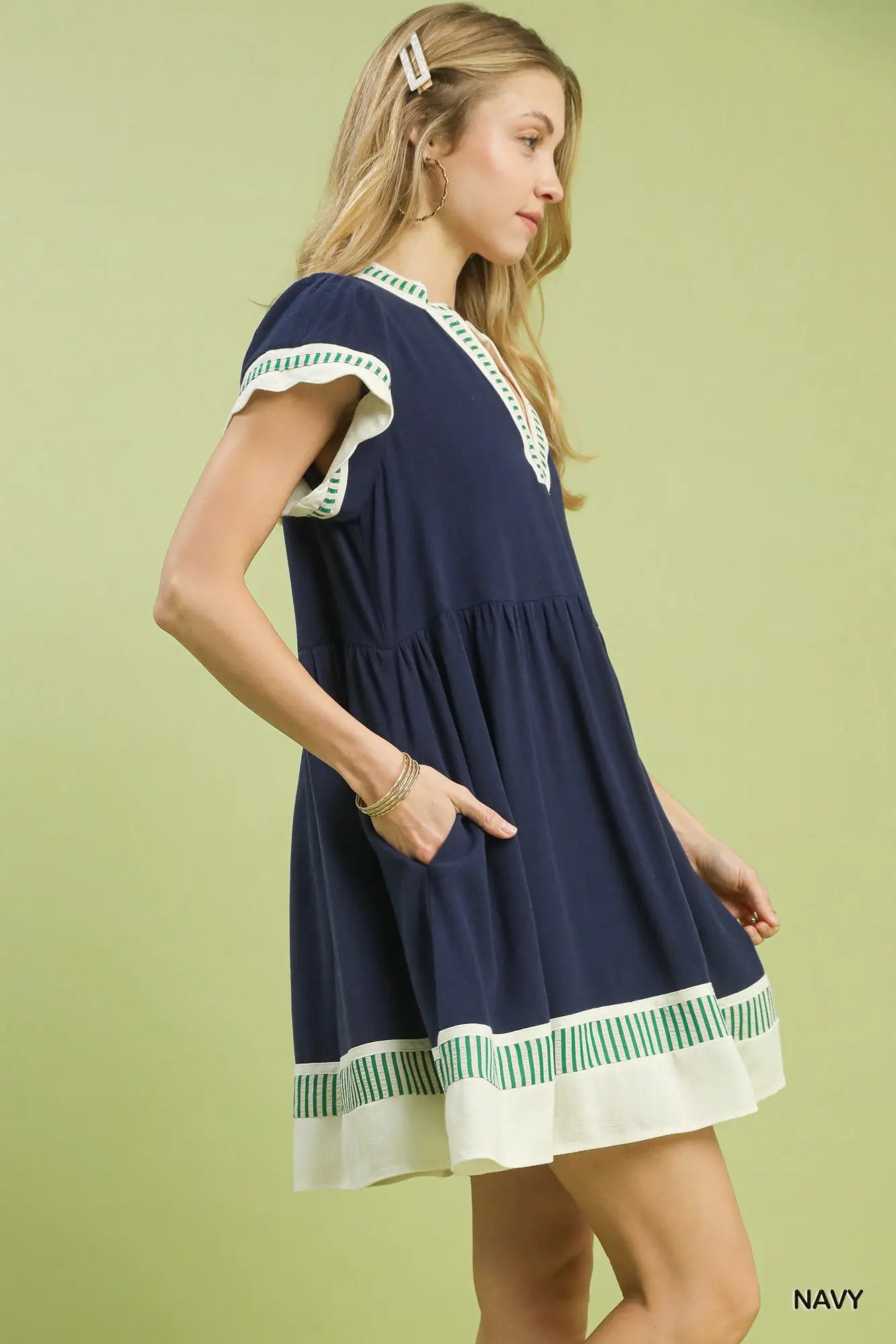 Linen Color Block Flutter Sleeve Dress