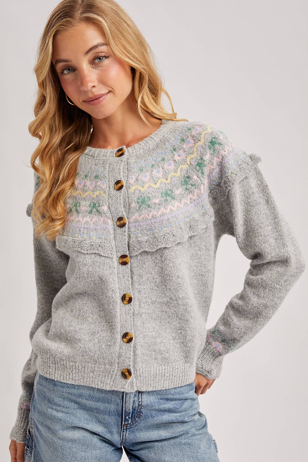 BUTTON FRONT FAIR ISLE KNIT SWEATER TOP