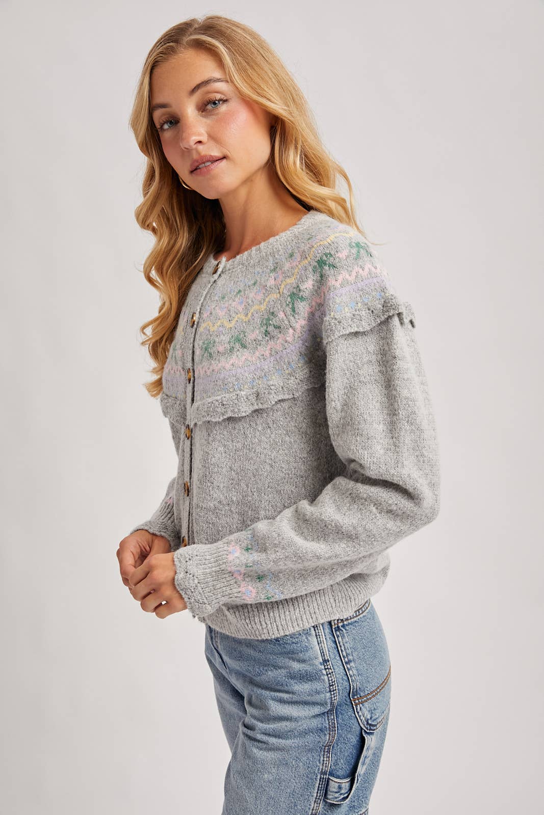 BUTTON FRONT FAIR ISLE KNIT SWEATER TOP