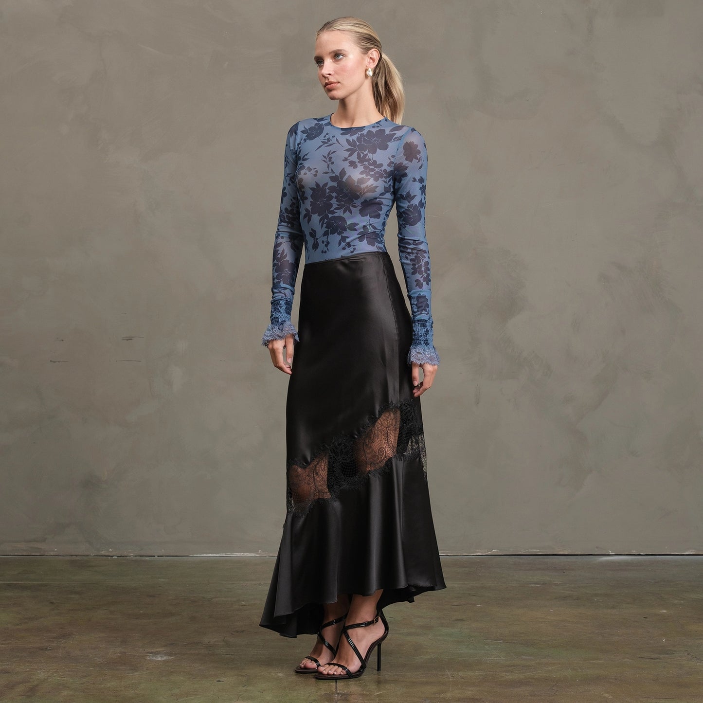 Satin Bias Lace Panel Skirt
