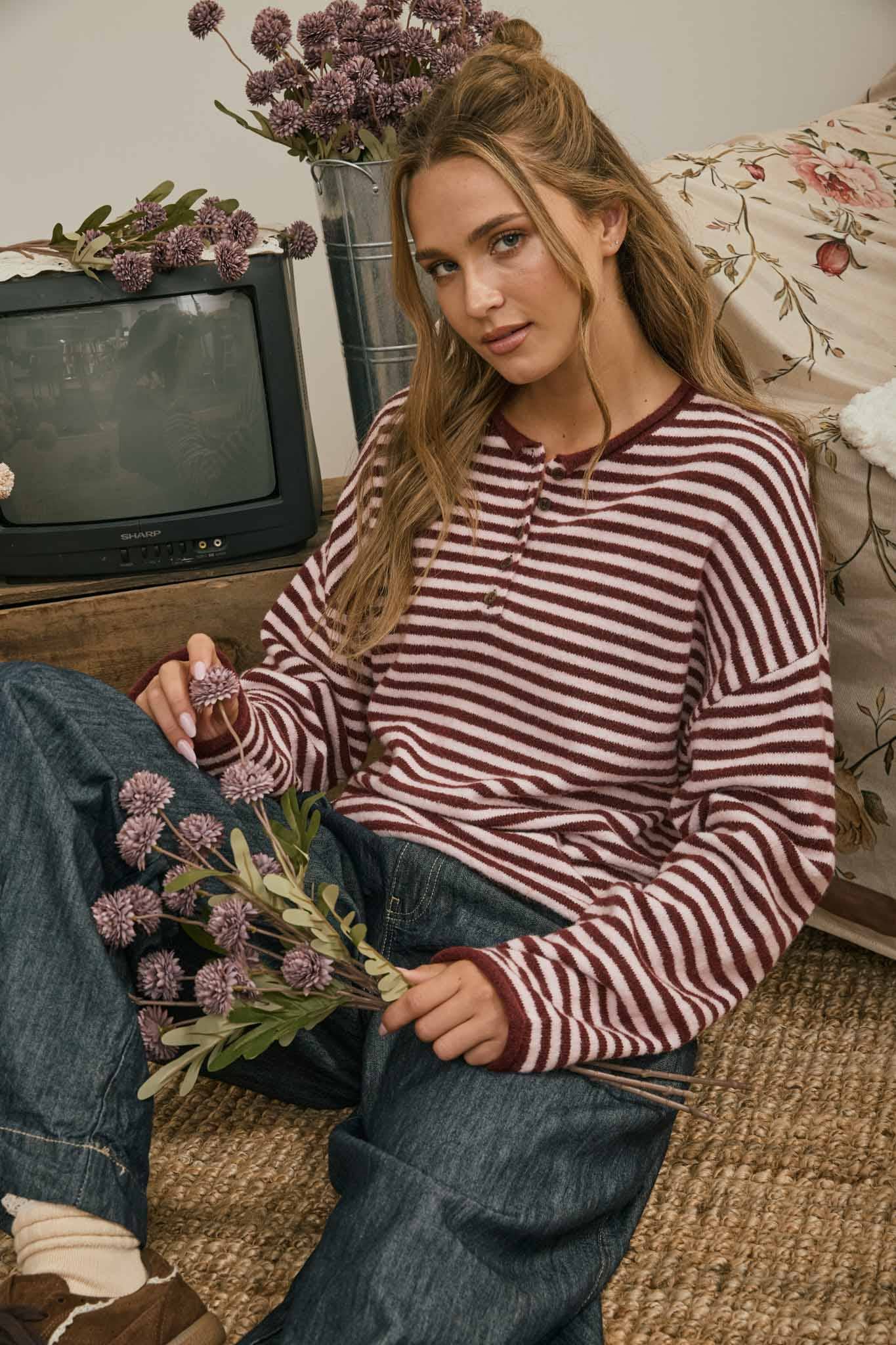 BUTTON HENLEY STRIPE LONG SLEEVE DROP SHOULDER SWEATER