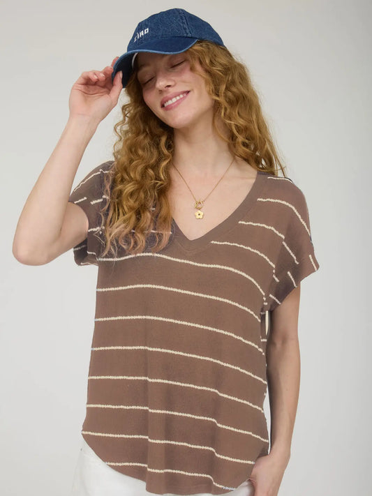 Stripe V-Neck Cuffes Short Sleeve Knit Top