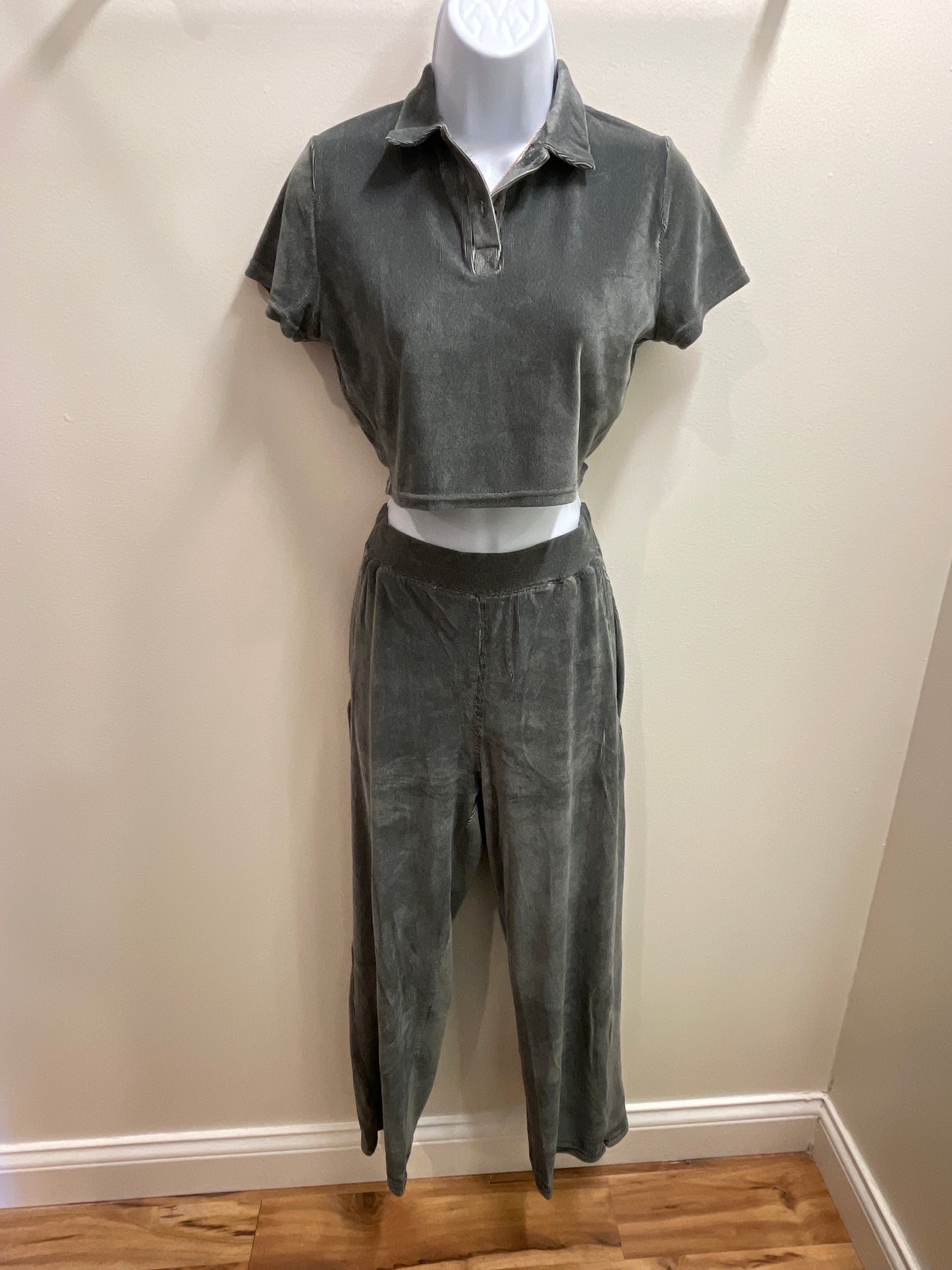 Velour Ribbed Crop Polo & High Waist Wide Leg Pant Set Kimberly C