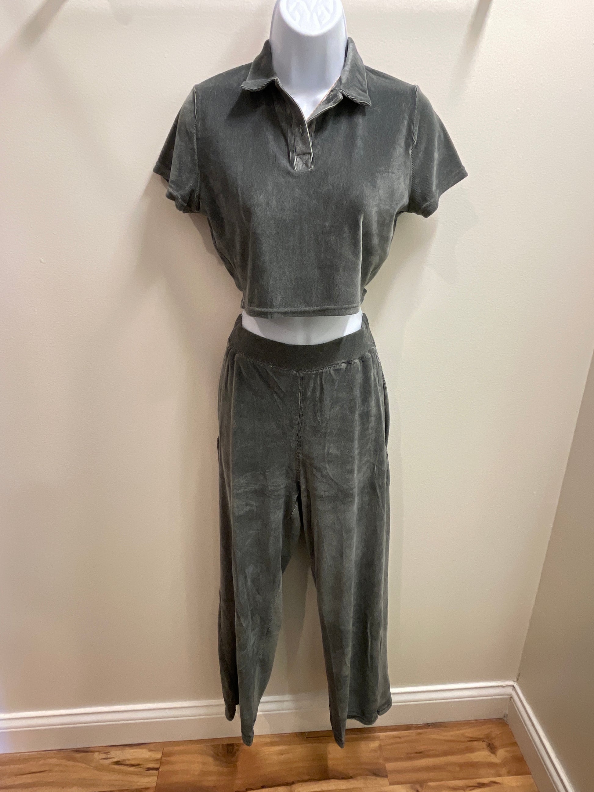 Velour Ribbed Crop Polo & High Waist Wide Leg Pant Set Kimberly C