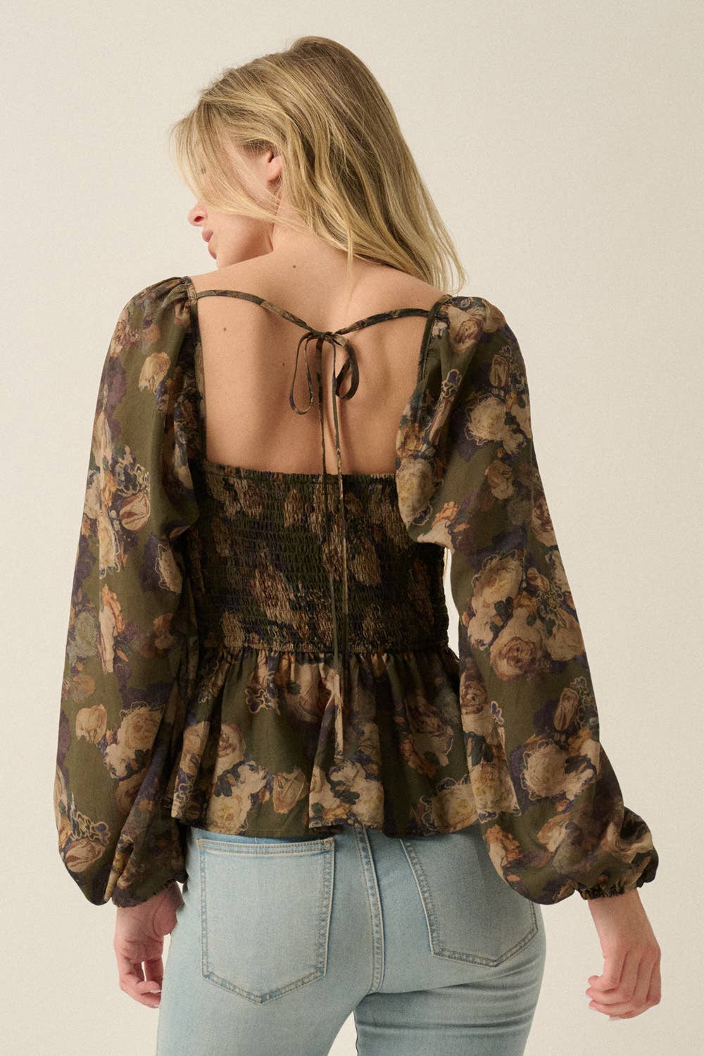 Floral-Print Velvet-Trim Babydoll Peasant Top