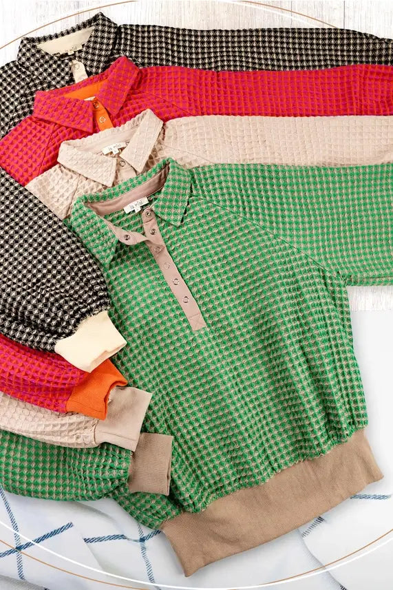 Unique Two Tone Textured Snap Button Front Top Fall