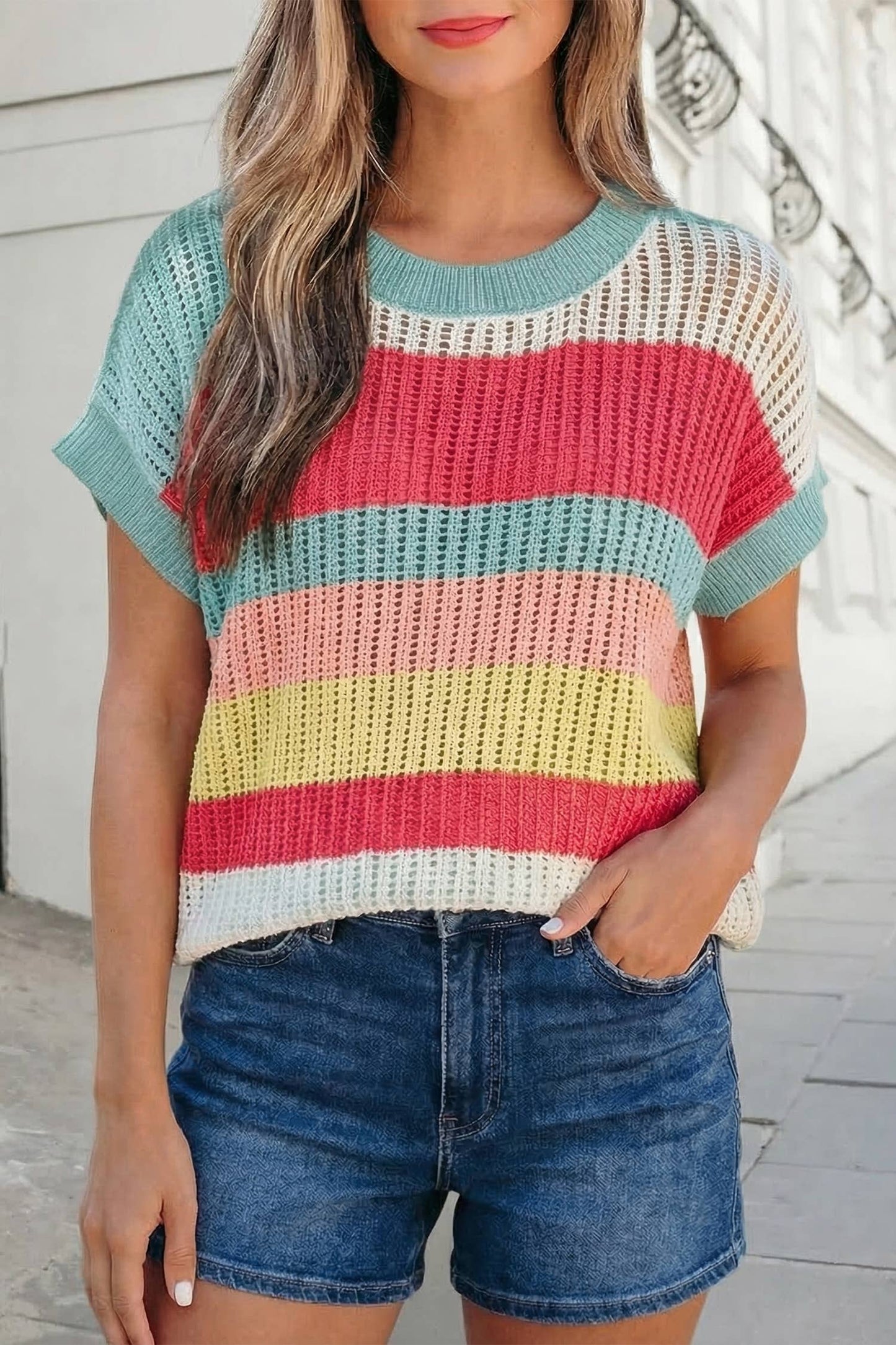Colorblock Hollow Out Knit Short Sleeve Sweater