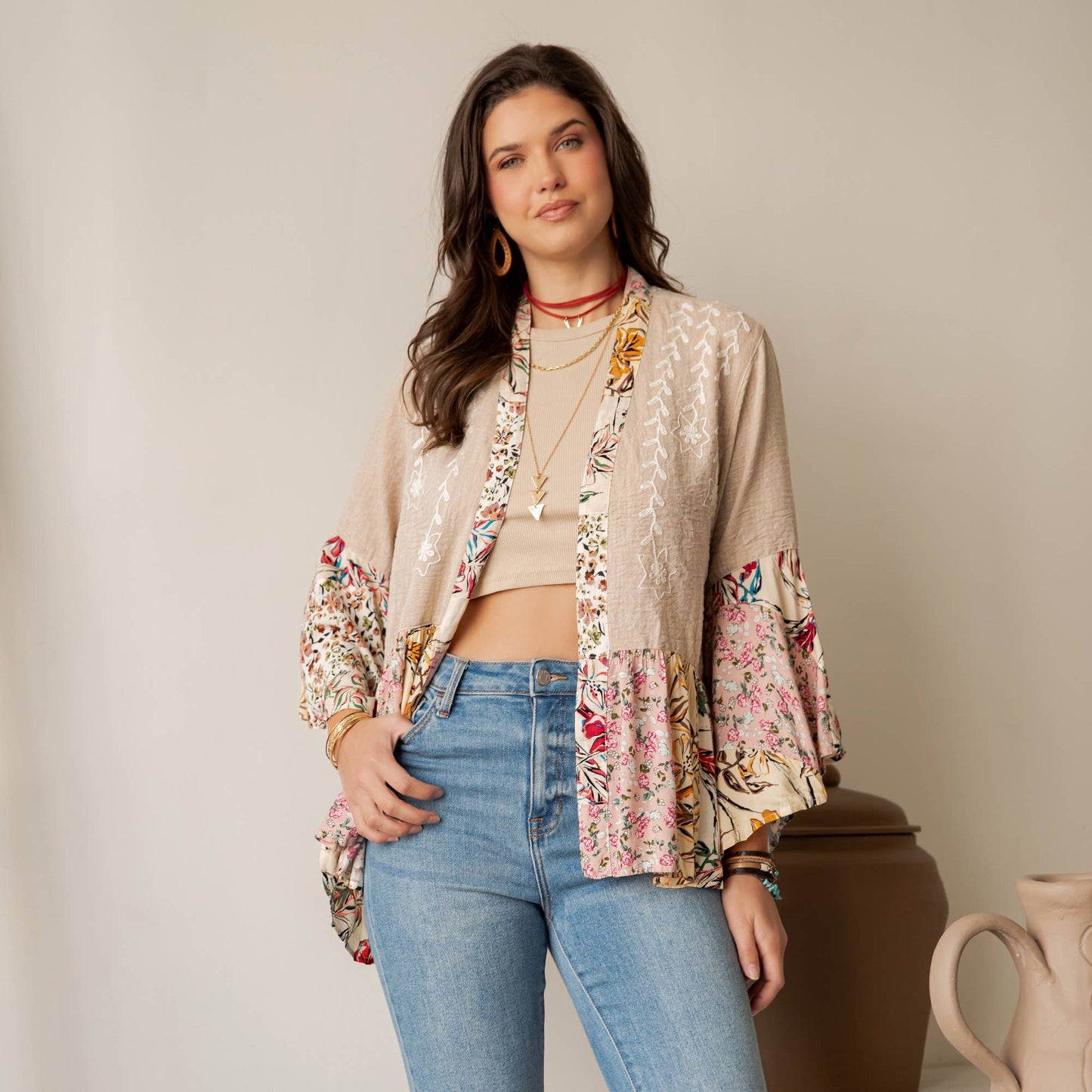 Boho Floral Embroidered Open Front Lace Trim Cardigan