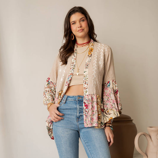 Boho Floral Embroidered Open Front Lace Trim Cardigan