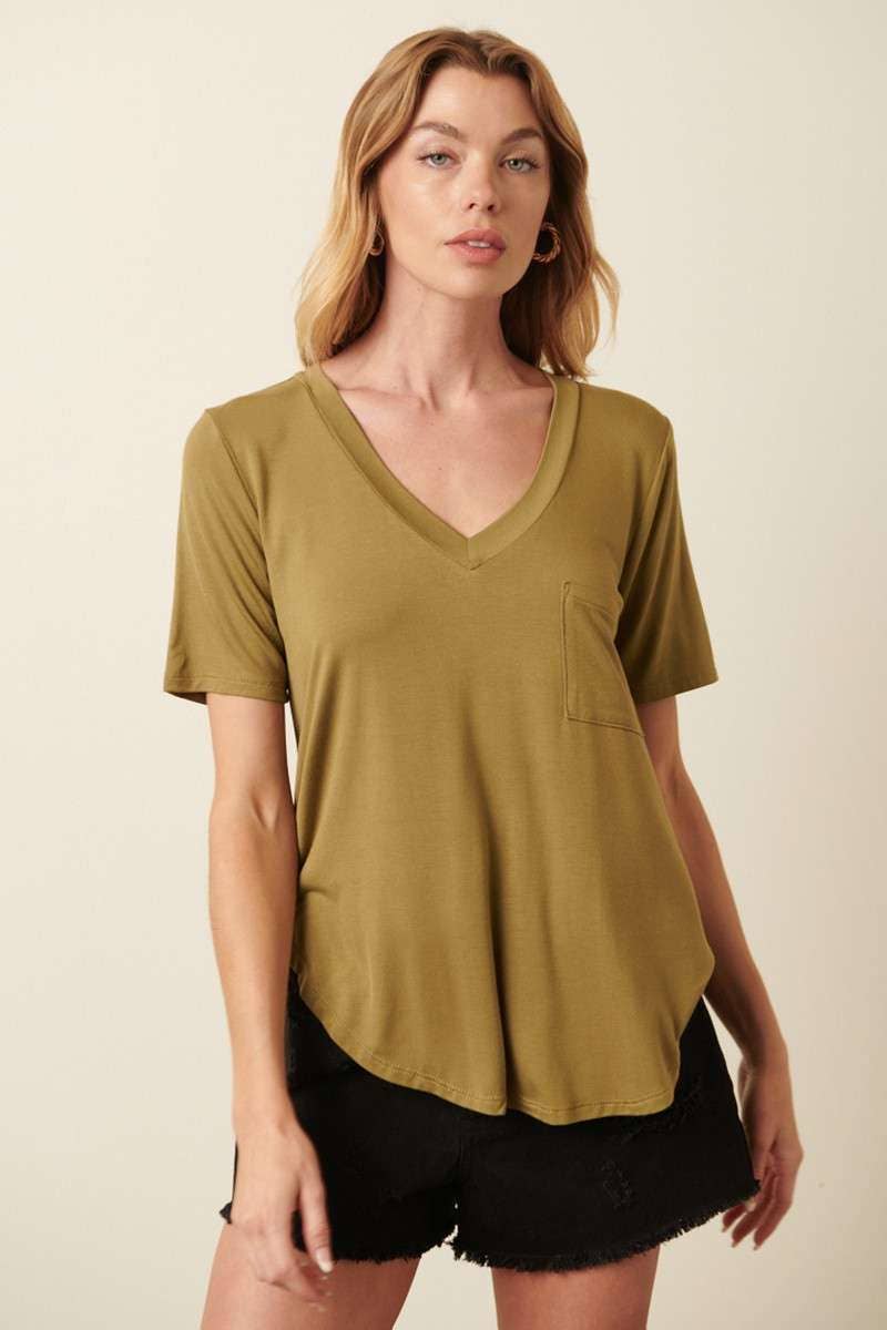 BAMBOO V-NECK 1POCKET FRONT KNIT TOP