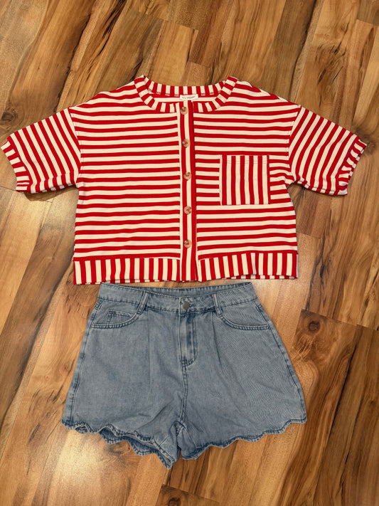 Stripe Pattern Short Sleeve Button Down Knit Top