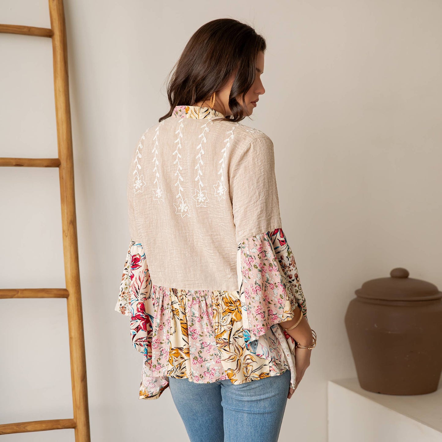 Boho Floral Embroidered Open Front Lace Trim Cardigan