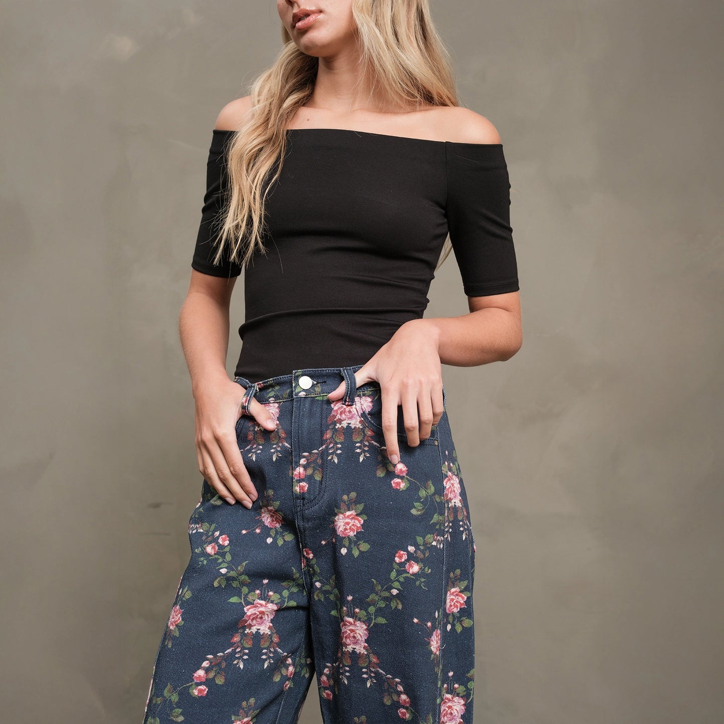 Floral Printed Denim Pants