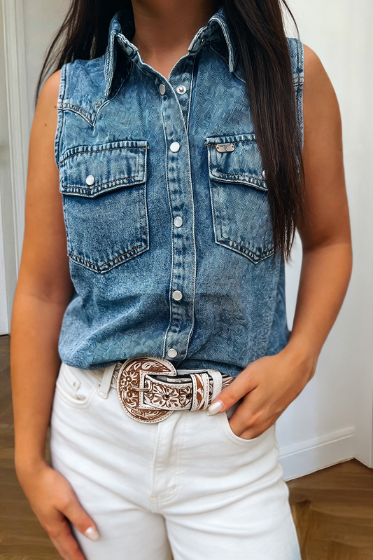 Western Buttoned Front Collared Denim Sleeveless Top