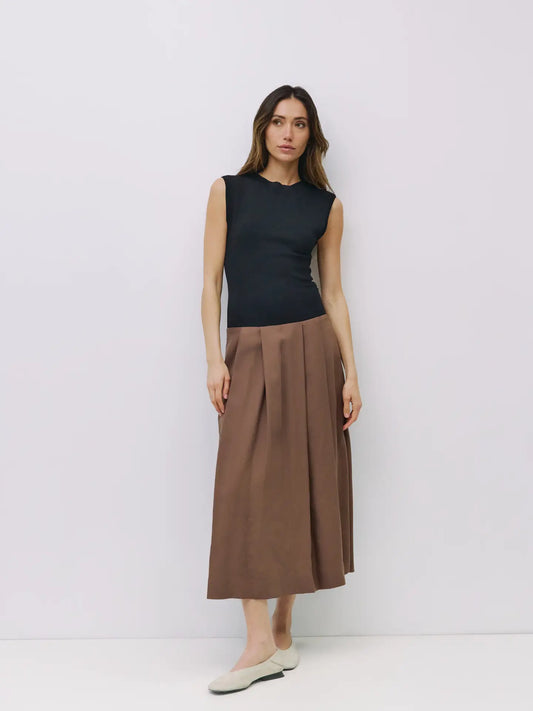 Contrast Two Tone Sleeveless Knit Dress with Pleated Skirt