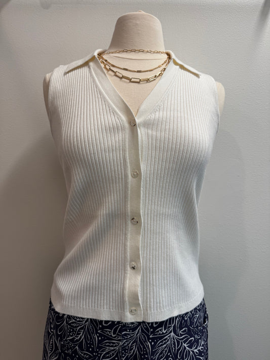 Ribbed Button Down Sleeveless Collar Top