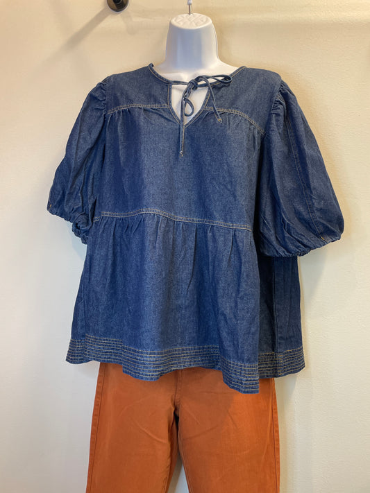 Denim Puff Sleeve Babydoll Top Entro