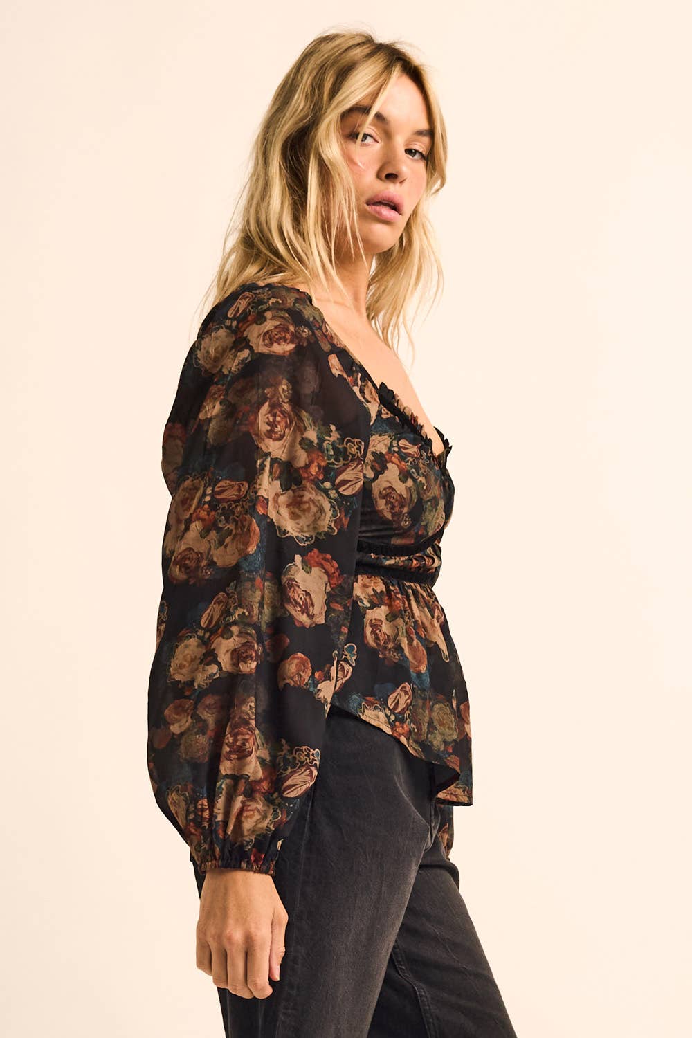 Floral-Print Velvet-Trim Babydoll Peasant Top