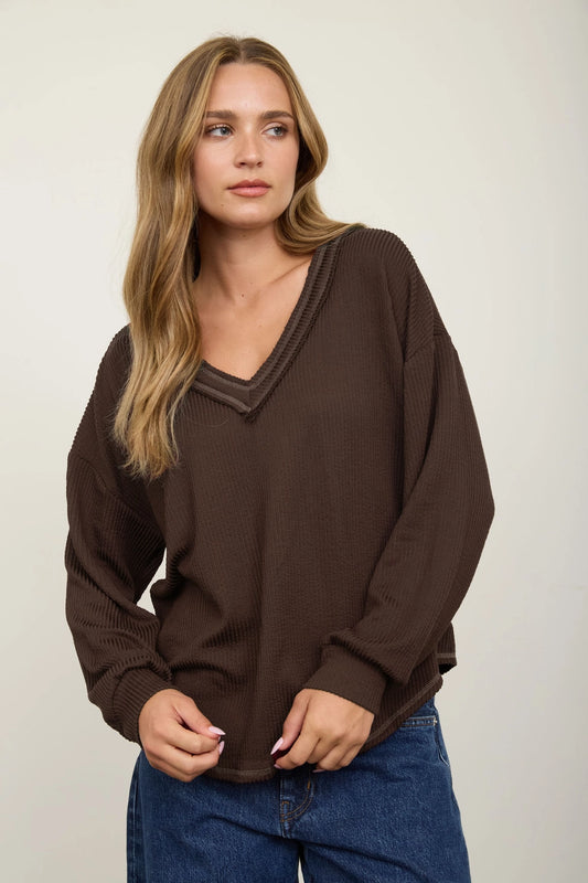 Raw Edge V-Neck Long Sleeve Top