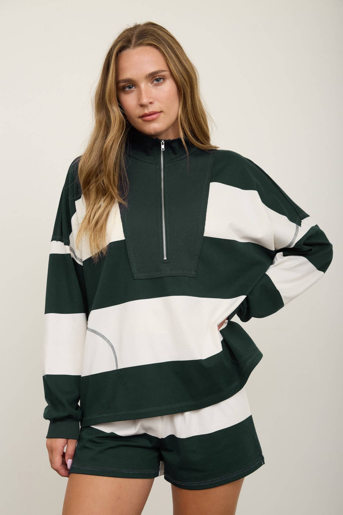 WIDE STRIPE HALF ZIP LONG SLEEVE KNIT TOP