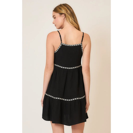 Tape Trim Sleeveless Tiered Mini Dress