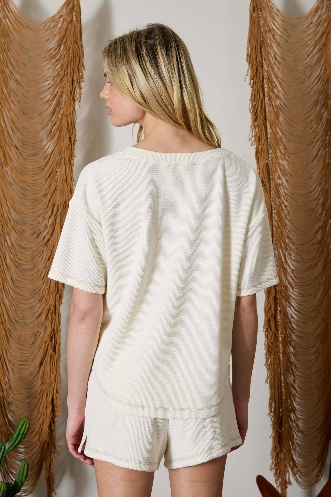 SPLIT NECK SHORT SLEEVE TERRY KNIT TOP