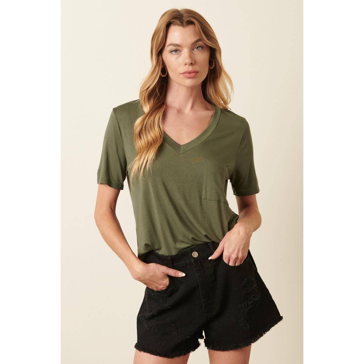 BAMBOO V-NECK 1POCKET FRONT KNIT TOP