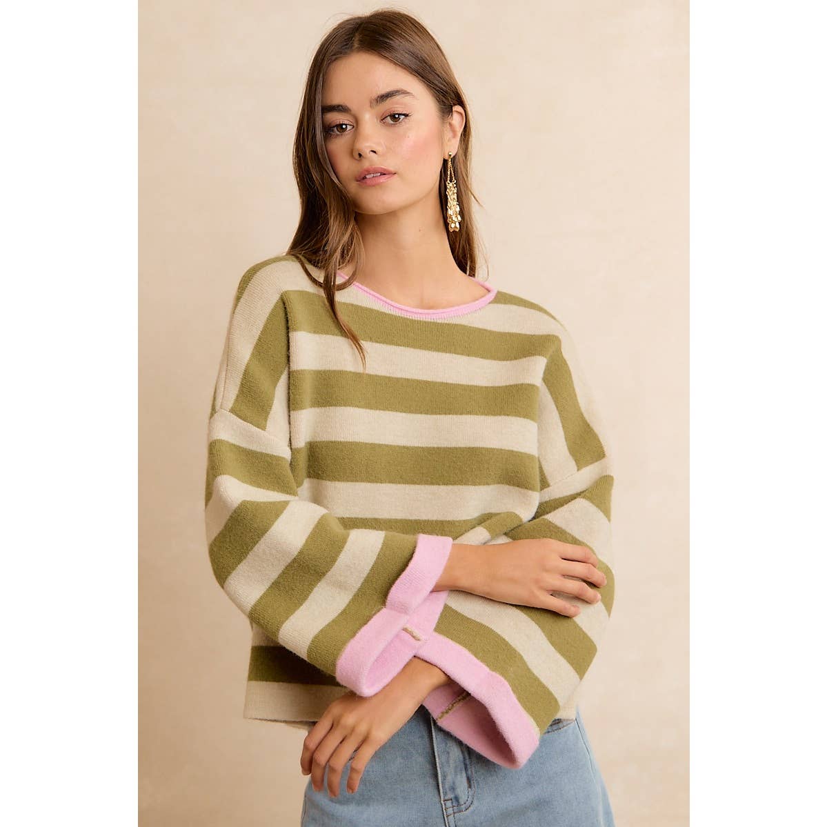 STRIPE CONTRAST BINDING AND REVERSIBLE SWEATER