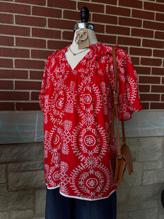 Ruffle Neckline with Shirring Short Balloon Sleeves Top