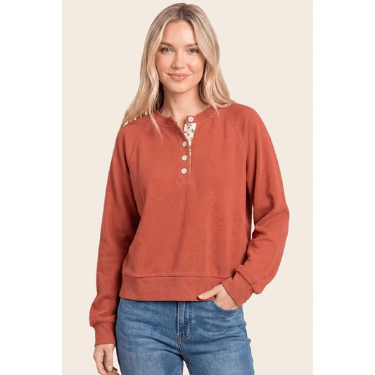 Henley Floral Placket Solid Top