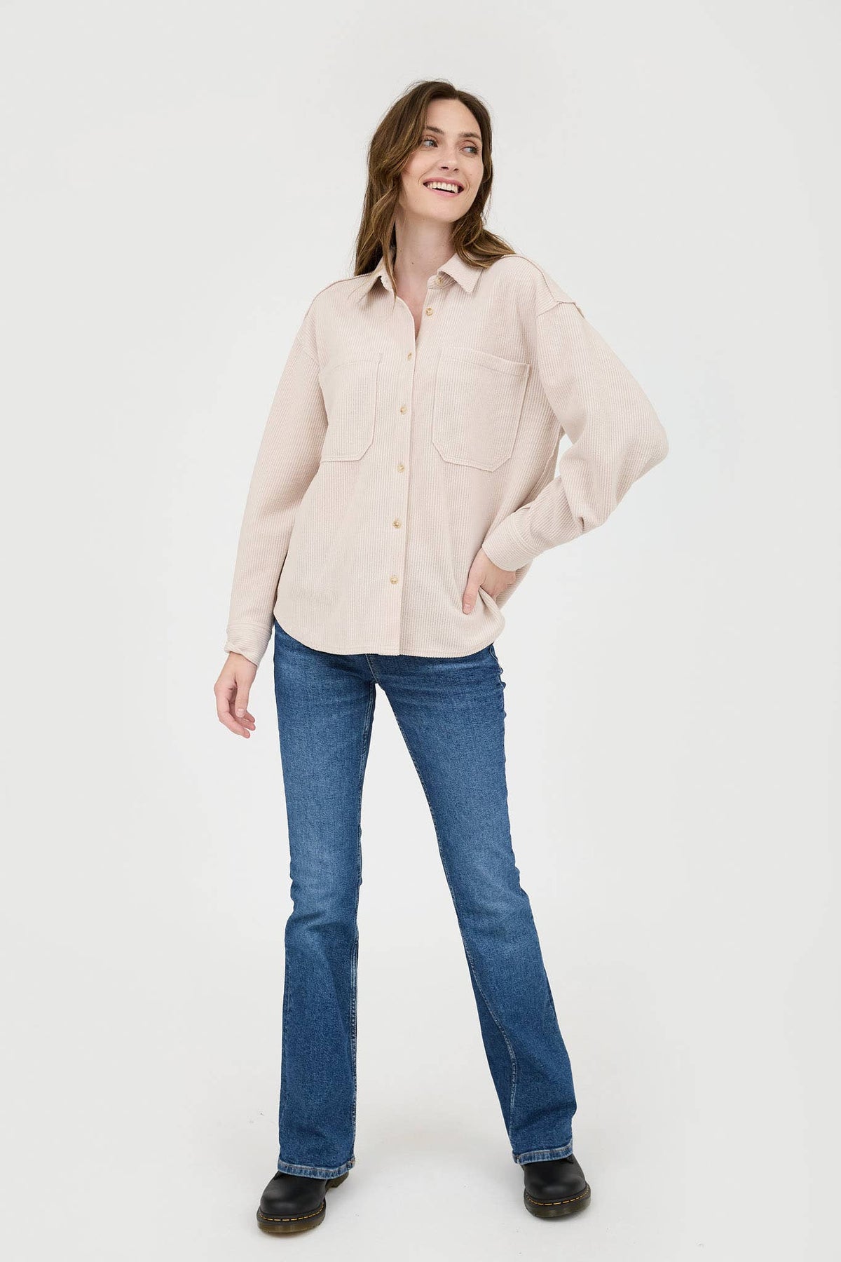 RIB KNIT EXPOSED SEAM BUTTON UP TOP