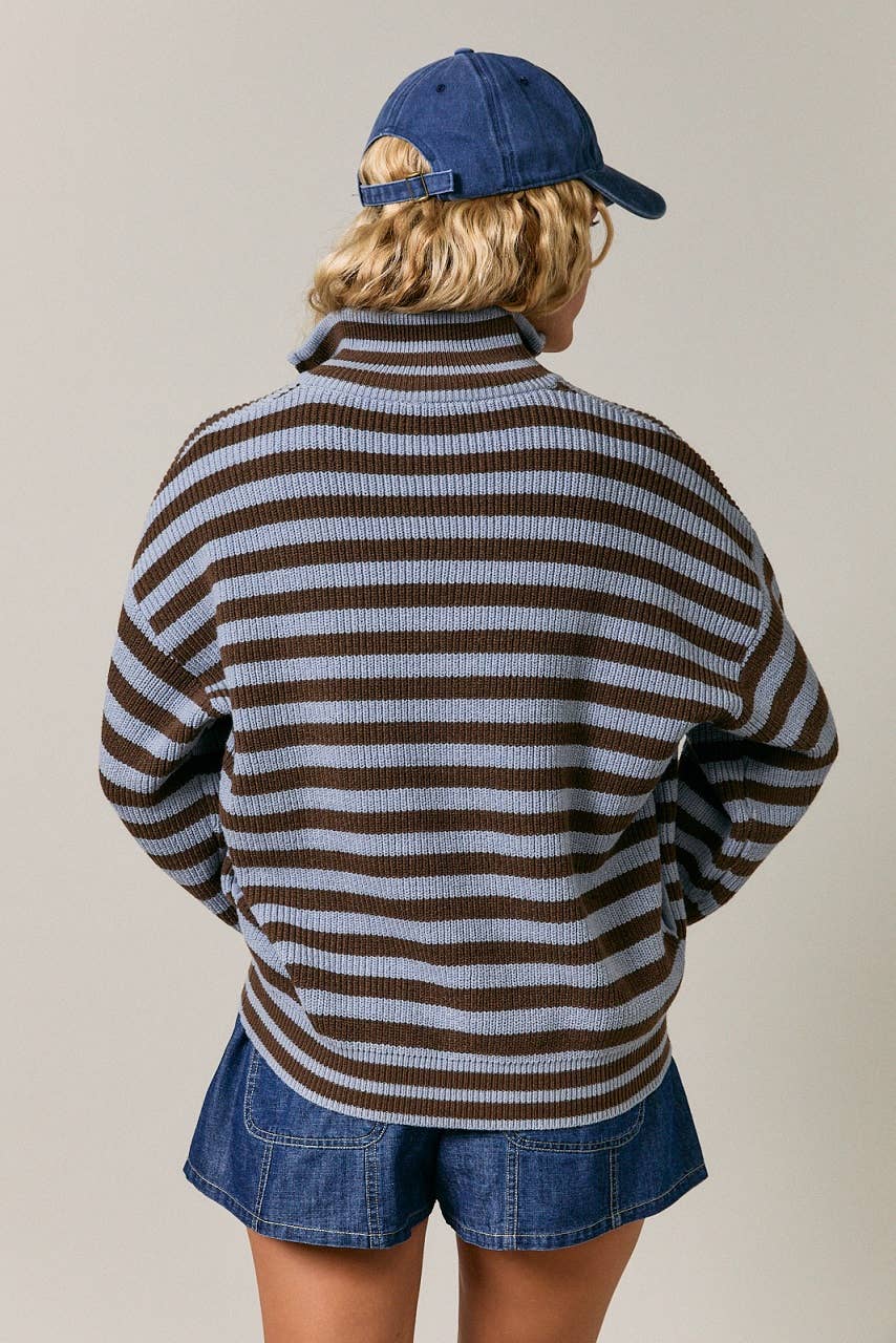 LONG SLEEVE HIGH NECK STRIPE SWEATER JACKET