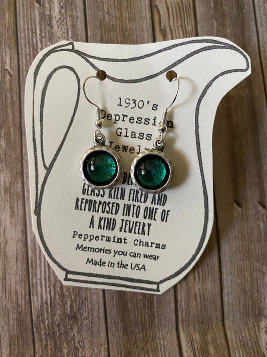 Teal green Depression glass hammered bevel earrings sterling