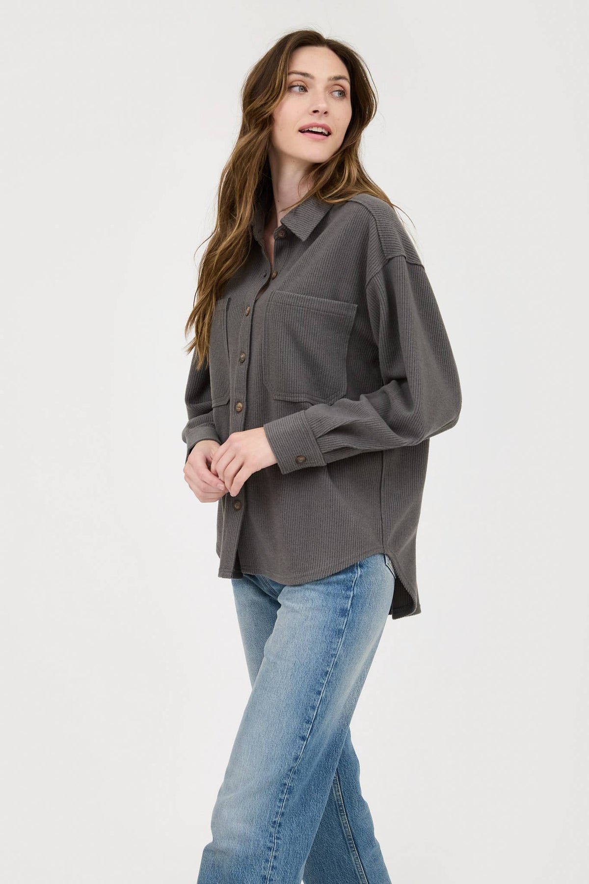 RIB KNIT EXPOSED SEAM BUTTON UP TOP