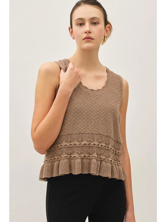 Ruffled Crochet Textured Knit Top