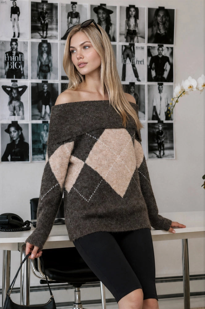 Argyle Wide Fold Over Knit Pullover Sweater
