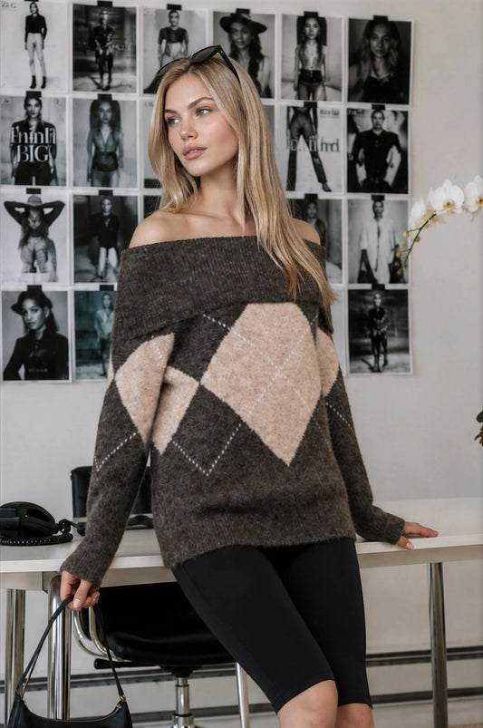 Argyle Wide Fold Over Knit Pullover Sweater